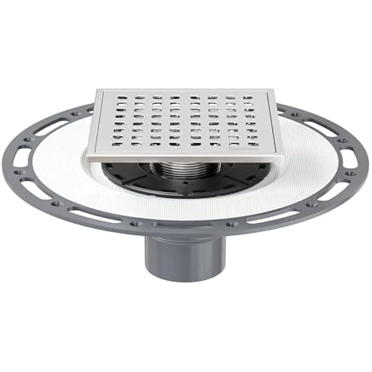 Neodrain 6 in Brushed Square Shower Drain Brushed 304 Stainless Steel Drain Grate Removable Drain Key with Waterproof Fabric, PVC Bonding Flange Base for Low Profile Shower Pan