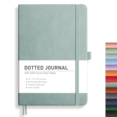 RETTACY Dotted Journal Notebook, 192 Pages, A5 Medium Size 5.7 x 8.3, Leather Hardcover, 100 GSM Thick Paper, for Journaling, Planning, Tracking Blue-gray