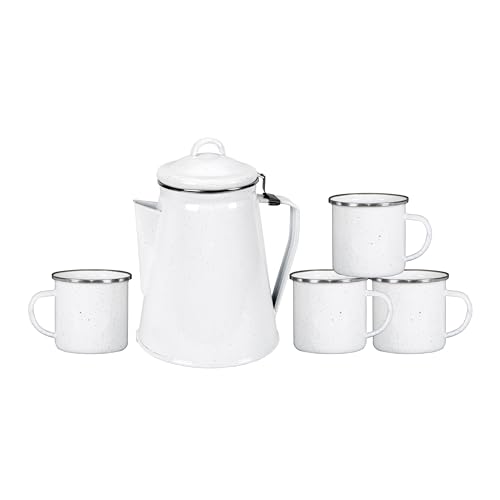 Stansport Enamel Percolator Coffee Pot & 4 Mug Set 11230-03, White