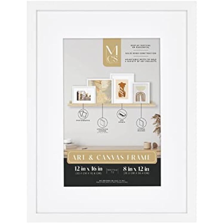 MCS Gallery Wooden Frame for Canvas, Art Boards, Photos and more, White, 12x16 with 8x12 Mat