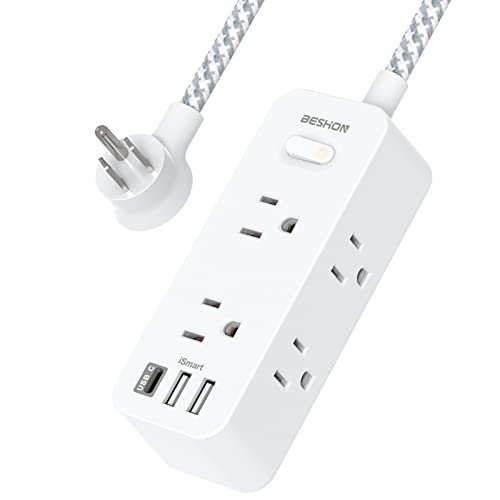 Extension Cord 20FT, BESHON Power Strip Surge Protector, 6 Outlets with 3 USB Ports1 USB C Outlet, 3-Side Outlet Extender, Wall Mount, Compact for Travel, Home, College Dorm Room, and Office