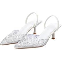 YIYA Women's Clear Slingback Heels with Pearl Studded Pointed Toe Kitten Mid Heels Sparkly Rhinestone Slip On Wedding Party Shoes
