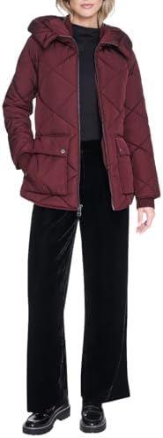 Kenneth Cole Womens Diamond Quilted Crinkle Nylon Puffer With Attached Hood