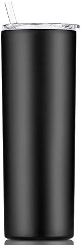 Double Wall 18/8 Stainless Steel Vacuum Slim Skinny Tumbler with Straw and lid, Insulated Travel Mug Keeping Beverage Cold and Warm (Black, 20oz)