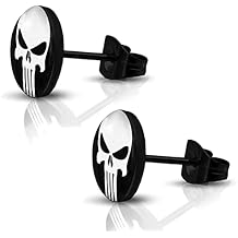 Stainless Steel Punisher Skull Round Circle Button Stud Post Earrings