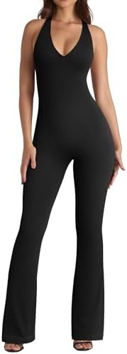 OQQ Jumpsuits for Women Fall Winter Halterneck Sleeveless Lace-Trim Flared Jumpsuit