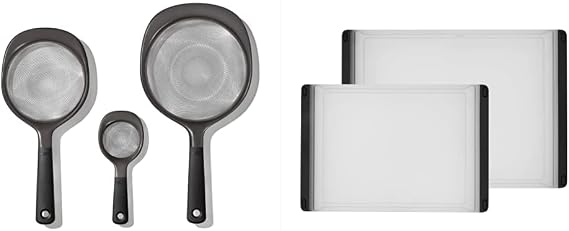 OXO Good Grips 3-Piece Strainer Set (Black) and 2-Piece Plastic Cutting Board Set (Clear)