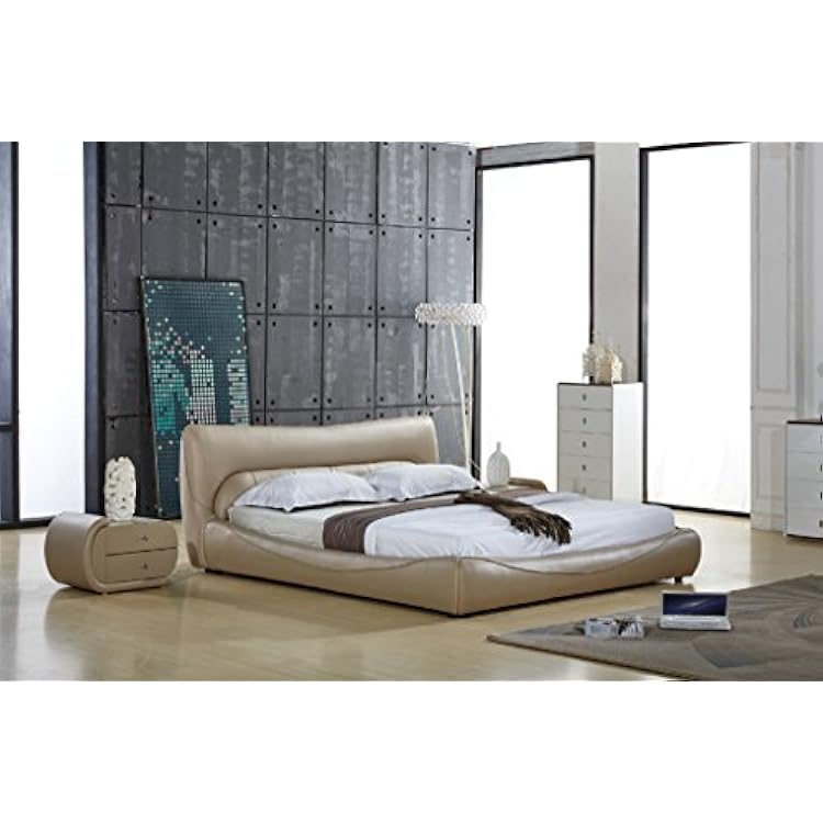 Avery Collection Contemporary Upholstered Faux Leather Low Profile Platform Bed with Built-In Headboard, Eastern King, Beige