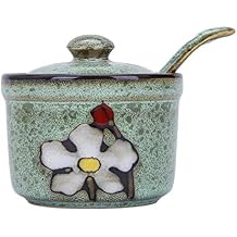 VanEnjoy Retro Hand Painted Flower Ceramic Round Sugar Bowls Spice Containers Porcelain Jar with Spoon Round Condiment