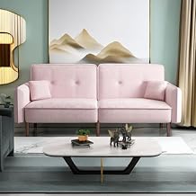 75 Modern Linen Fabric Futon Sofa Bed with Adjustable Backrests and 2 Throw Pillows, Convertible Sleeper Loveseat with Solid Wood Legs for Living Room Bedroom Dorm Apartment Studio (Pink)