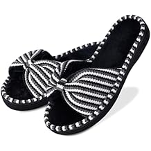 DL Women's Memory Foam Open Toe Slide Slippers with Cute Bow and Cozy Terry Lining, Slip-on House Shoes Spa Mules Sandals with Indoor Outdoor Rubber Sole, Black, 11-12