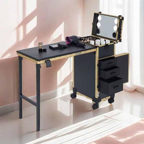 Foldable Nail Table Manicure Desk, Rolling Makeup Train Case, Lockable Nail Polish Organizer, Mobile Nail Tech Workstation, Cosmetic Trolley with Dimmable LED Mirror(A)