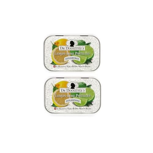 Dr. Doolittles Sugar Free Soft Fruit Pastilles for Voice and Throat, Lemon Lime Flavor, 2.12 Ounce Tin, Approximately 25 Count Package, 2 Pack