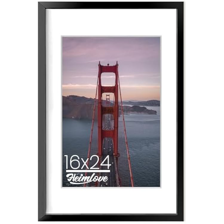 Heimlove 16x24 Aluminum Picture Frame - with Mat for 12x18 Photo or Without Mat for 24 x 16 Poster - Real Glass Cover - Simple and Elegant Decor for Wall Mounting,Black, Set of 1