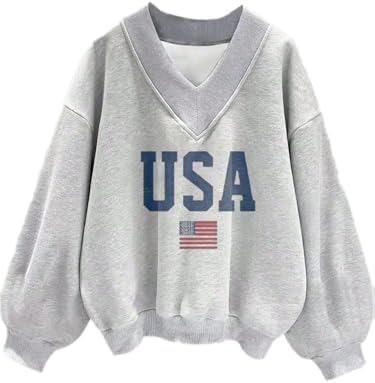 Avanova Women USA Graphic V Neck Sweatshirts Top Drop Shoulder Long Sleeve Pullover Shirt