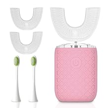 Adult Sonic Automatic Electric Toothbrush, 360 Oral Cleaning Stain Whitening, IPX7 Waterproof Rechargeable, u-Shape Brush Head*3+Straight Handle Brush Head*2 (Pink)