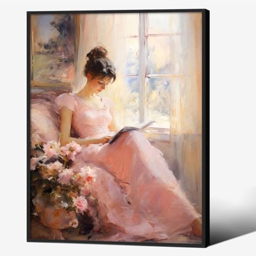 Vintage Oil Painting Canvas Wall Art Famous Pink Girl Reading Book Posters Retro Portrait Prints 12x16 inch Black Framed Room Aesthetic Pictures for Gallery Library Wall Decor