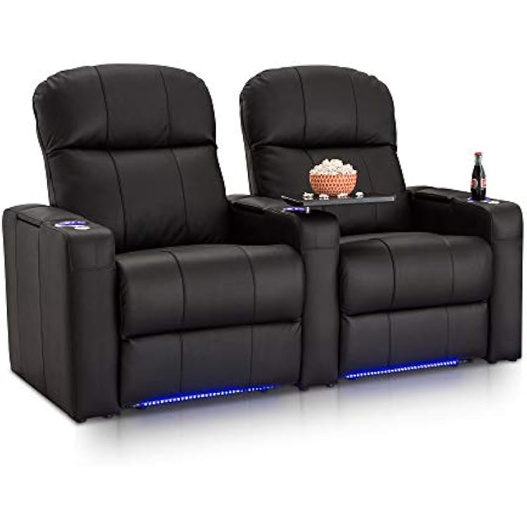 Seatcraft Venetian Home Theater Seating Manual Recline Bonded Leather with Hidden In-Arm Storage, Swivel Tray Tables, USB Charging, Lighted Cup Holders and Base, Row of 2, Black