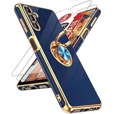 LeYi for Galaxy A13 5G Case: with Tempered Glass Screen Protector [2 Pack] 360 Rotatable Ring Holder Magnetic Kickstand, Plating Rose Gold Edge for A13 5G Case Case, Blue