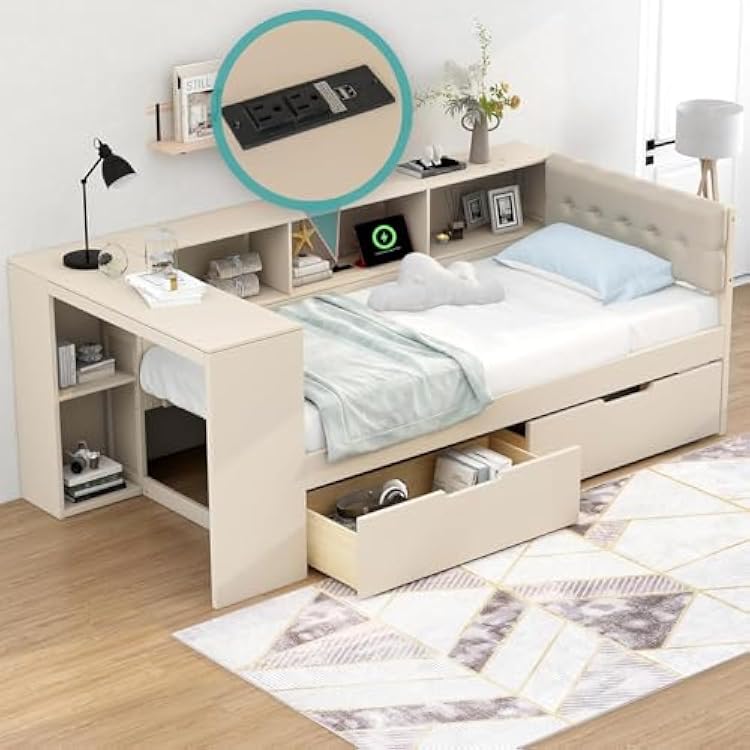 Polibi Twin Platform Bed with Storage Shelves - Built-in Desk, 2 Under-Bed Drawers, USB Charging Ports & Upholstered Headboard, Solid Wood Daybed Frame, Cream