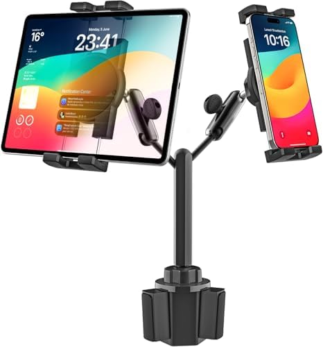 GDZN Dual Tablet Holder for Car Cup Holder - 360 Rotatable Metal Long Arm Tablet Mount for Truck Pickup SUV, Heavy Duty Car Mount Fit iPad Pro Air Mini, iPhone, Galaxy Tab, Fire, 4.7-13 Devices
