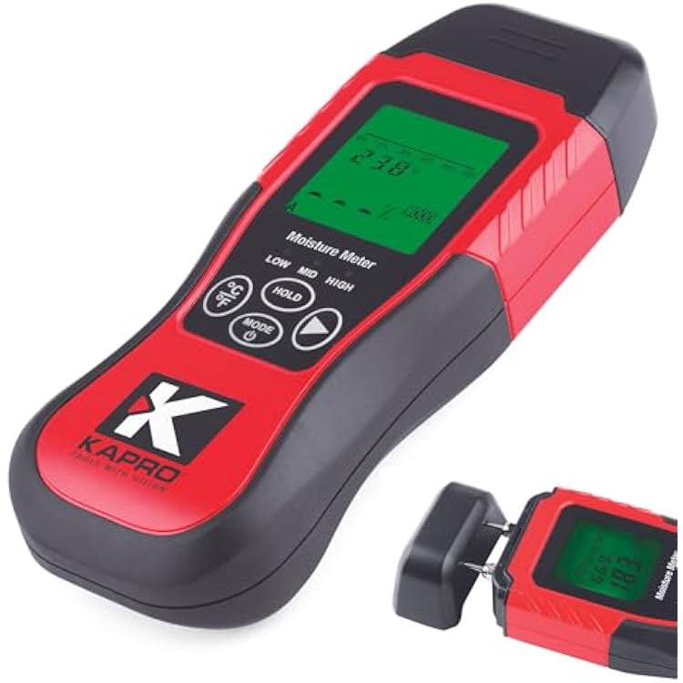 Kapro - 379 Moisture Meter with Temperature Detection - Measures Wood Moisture and Temperature in Fahrenheit and Celsius - Features 8 Calibration Scales - Back-Lit Display & Auto-Power Shut Off