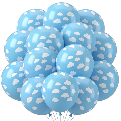 Gejoy 36 Pieces Blue Cloud Latex Balloons Mid Cloud Matte 12 Inch Sky Balloons Light Blue and White Print Decoration for Baby Shower Boys Girls Birthday Party Supplies