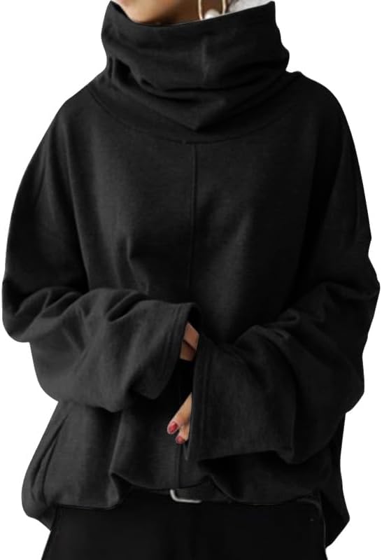 Oversized High Cowl Neck Hoodies for Women Plus Size Long Sleeve Hooded Sweatshirt Casual Fleece Pullover Jacket with Pockets Lightweight Y2k Cropped Thick Loose Style Fall Winter Trendy Pullover Tops