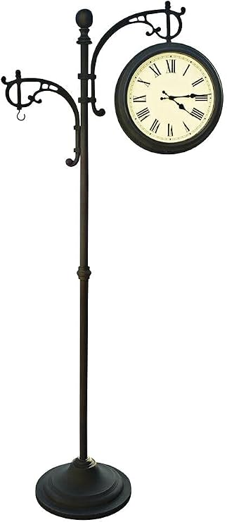 Backyard Creations Outdoor Heavy Duty Double Face Metal Weather Pedestal Clock / Analog Thermometer, Black, 15InD X 33.25InW X 72.75InH