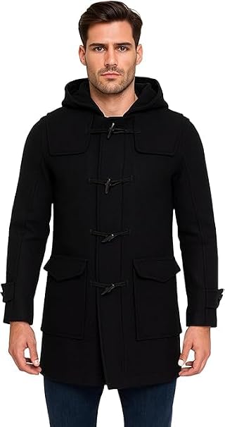 Mens Black Wool Duffle Coat with Hood Classic Toggle Closure Warm Winter Overcoat