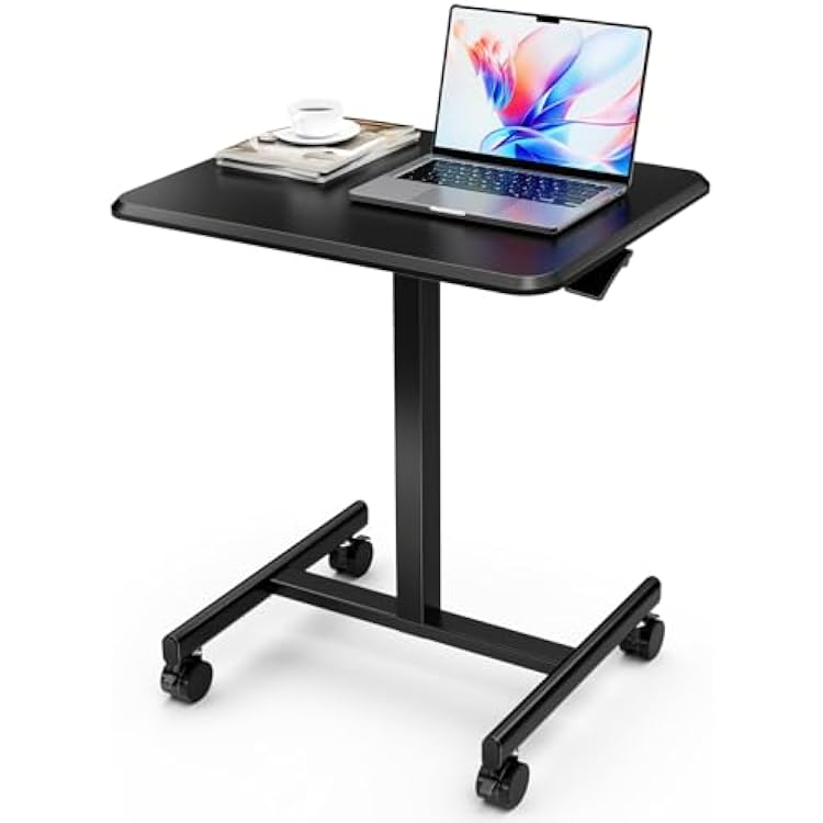 iPower Standing Desk Small Rolling Desk with Lockable Wheels, Mobile Stand Up Desk Adjustable Height 28-43 Inch, Portable Laptop Desk, Small Computer Standing Table Sit Stand Black