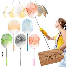 5PCS Extendable Lambswool Duster with 35-55 Inch Adjustable Aluminum Handle,Feather Duster Static Electricity Dust Adsorption, Reusable Cleaning Tool for Home, Car, Office, Ceiling, Furniture