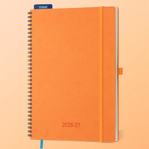 Planner 2026-2027 Daily Weekly and Monthly,11.5x8.5,18 Months Spiral Bound Calendar Agenda with Self-adhesive Pen Holder,2026 Academic Plan with Vegan Leather Soft Cover,Orange