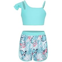 Girls Athletic 2 Pcs Swimsuits Ruffles One Shoulder Crop Top with Shorts Tankini Sets
