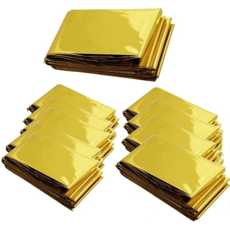Emergency Mylar Thermal Blankets - Silver Gold Foil Space Blanket Survival Kit for Outdoors, Camping, Hiking, First Aid Gold, 12pcs