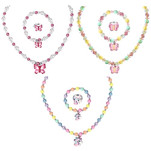 Msnailfly 3 Sets Girl Princess Necklace Bracelet Ring Kids Stretchy Jewelry Gift Unicorn Butterfly Necklace Bracelets Rings Party Favors Dress up Jewelry for Little Girl Toddlerwith Gift Box