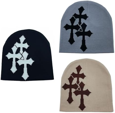 Y2K Knitted Beanies Hat Cross Graphics Men Women Jacquard Punk
