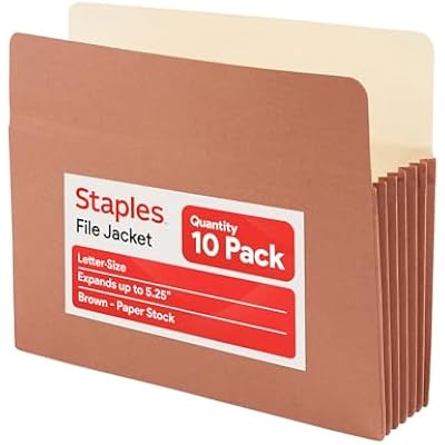 Staples Reinforced File Pockets, Letter Size, Expands Up to 5.25, HeavyDuty Brown Accordion Folders with Strong Gussets 10Pack