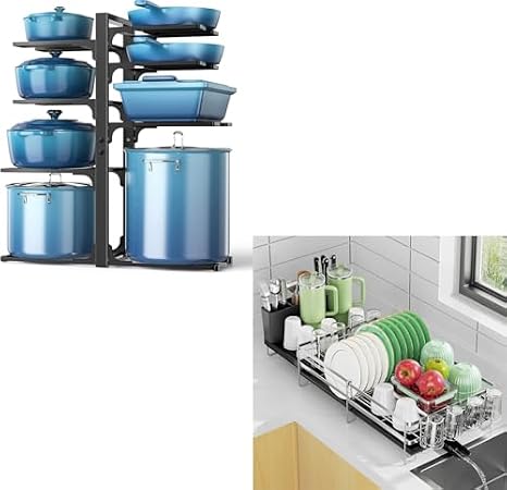 ORDORA Pots and Pans Organizer: under Cabinet, 20.8" Height & Expandable Large Dish Drying Rack, Stainless Steel Anti-Rust Dish Rack for Kitchen Counter