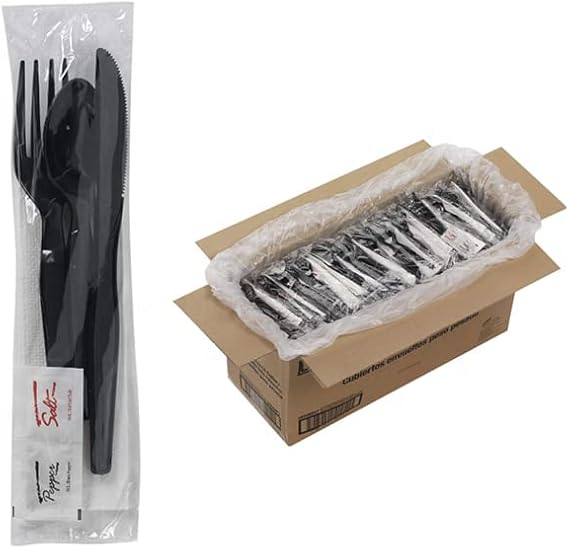 150 Plastic Cutlery Packets - Knife Fork Spoon Napkin Salt Pepper Sets | Black Plastic Silverware Sets Individually Wrapped Cutlery Kits, Bulk Plastic Utensil Cutlery Set Disposable To Go Silverware