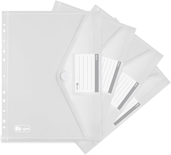 Agoer 10 Packs Document Wallets A4,Clear Plastic Wallets A4,Envelopes Wallets Folders with Pocket,Hook and Loop Closure,11 Hole Ring Binder Punched Plastic Folder for School Office Homework Travel