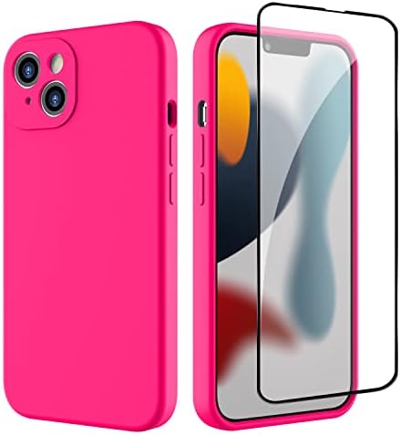 ZUSLAB Silicone Phone Case Compatible with Apple iPhone 13 6.1 2021,with 1 Screen Protector Shockproof Bumper TPU Anti-Scratch Rubber Cover with Fine Hole Camera Lens Full Protection Hot Pink