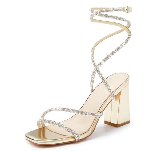Coutgo Womens Lace Up Chunky Heels Rhinestone Sandals Square Open Toe High Block Heeled Wedding Dress Shoes