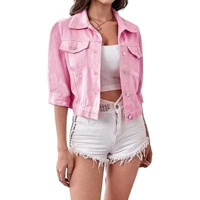 Jackets for Women Trendy Lapel Cropped Denim Jacket 34 Sleeve Button Down Jean Trucker Jacket with Pockets 2025