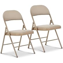 Oline Vinyl Folding Chairs, Padded Vinyl Cushion Chairs with Durable Metal Frame, Indoor Outdoor Stackable Foldable Guest Chairs for Office Wedding Kitchen Dining, 300lb Capacity (Khaki, 2 Pack)