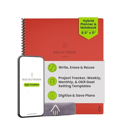 Rocketbook Fusion Reusable Undated Productivity Planner, Letter Size 8.5x11, Red - Goals, Monthly and Weekly Calendar, Daily To-do List, Lined and Dotted Notes Pages