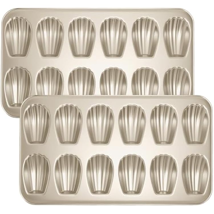 Madeleine Pans Set of 2, Nonstick 12-Cavity Madeleines Mold Cookie Tray for Baking, Heavy Duty Warp Resistant Cute Shell Shape Madeleine Mold Cake Pan-Gold