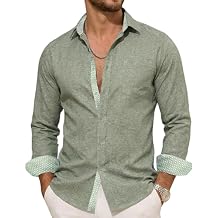 Barry.Wang Mens Linen Shirts Textured Contrast Long Sleeve Cotton Casual Button Down Shirt Summer Beach Wedding Pocket