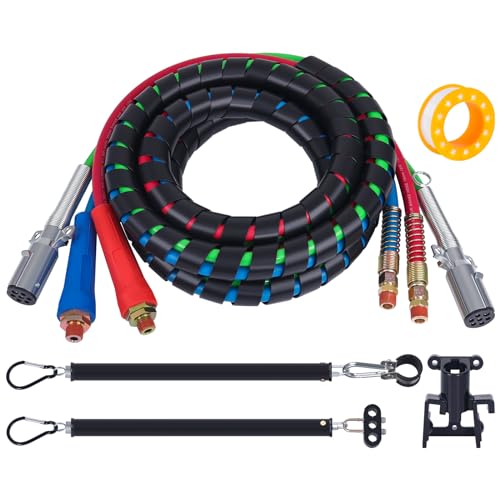 CheeMuii 15 FT Semi Truck Air Lines Kit with 2 PCS 16 Single Tender Spring Kit and Gladhand Holder 3IN1 Red & Blue Air Hoses ABS Electric Power Line Kit for Truck Trailer Tractor