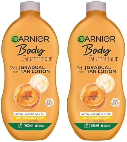 Garnier Summer Body Gradual Tan Moisturiser Light, For A Radiant Sun Kissed Glow, Suitable For Face & Body, 24 Hour Hydration & A Natural Even Tan, Fast Absorption, Vegan Formula, 400ml Pack of 2
